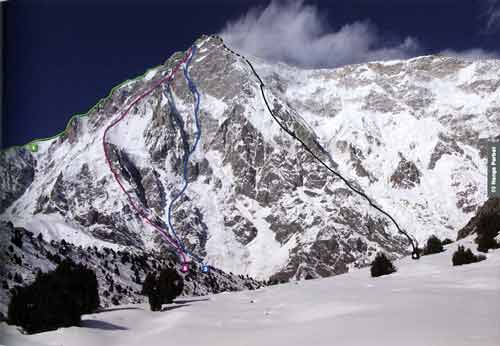 
Nanga Parbat Rupal Face climbing routes: 1. Austrian route 1976, 2. Messner route 1970, 3. House-Anderson route 2005, 4. Kukuczka-Carsolio route 1985 - 8000 Metri Di Vita, 8000 Metres To Live For book
